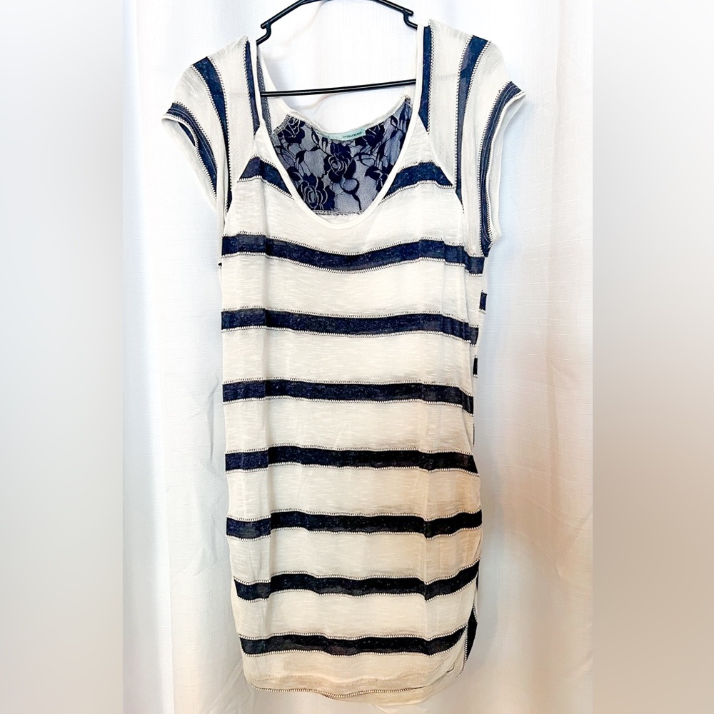 Maurices Navy and White Striped Top with Lace on upper back.